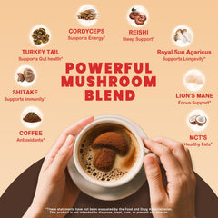 Ingredients list showing six mushrooms, MCT oil, and coconut milk powder