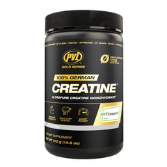 PVL Creapure Creatine powder bottle with scoop on white