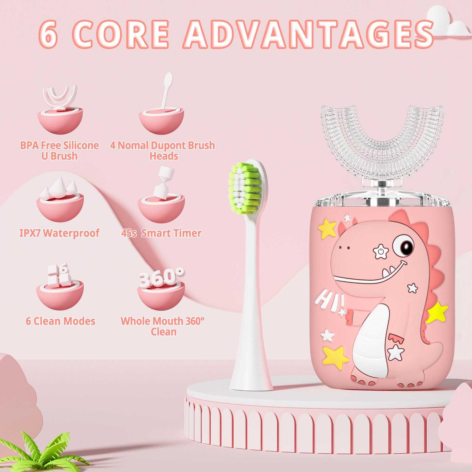 U-shaped brush head designed for 360° full-mouth cleaning
