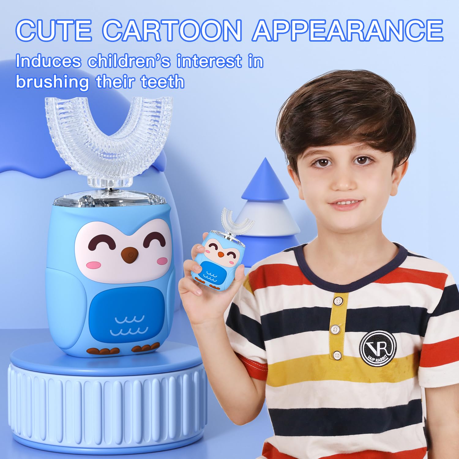 U-shaped brush head providing 360-degree cleaning for kids' teeth