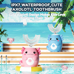 Close-up of Axolotl design on kids toothbrush