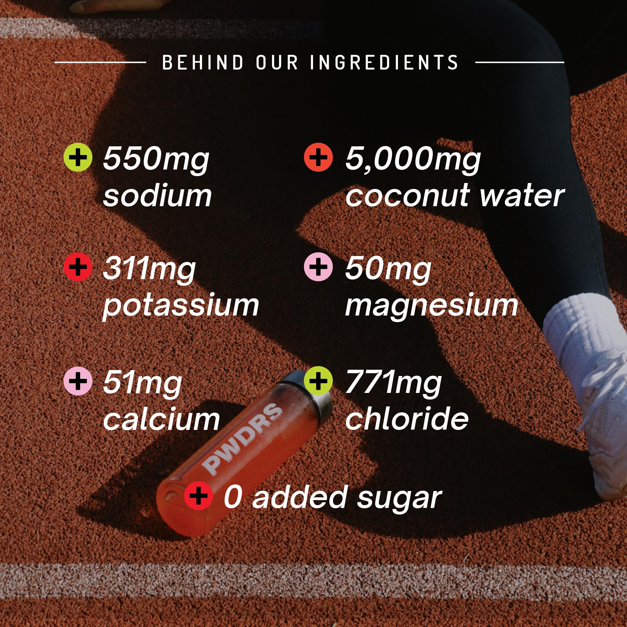 PWDRS Electrolytes label close-up emphasizes mineral blend.