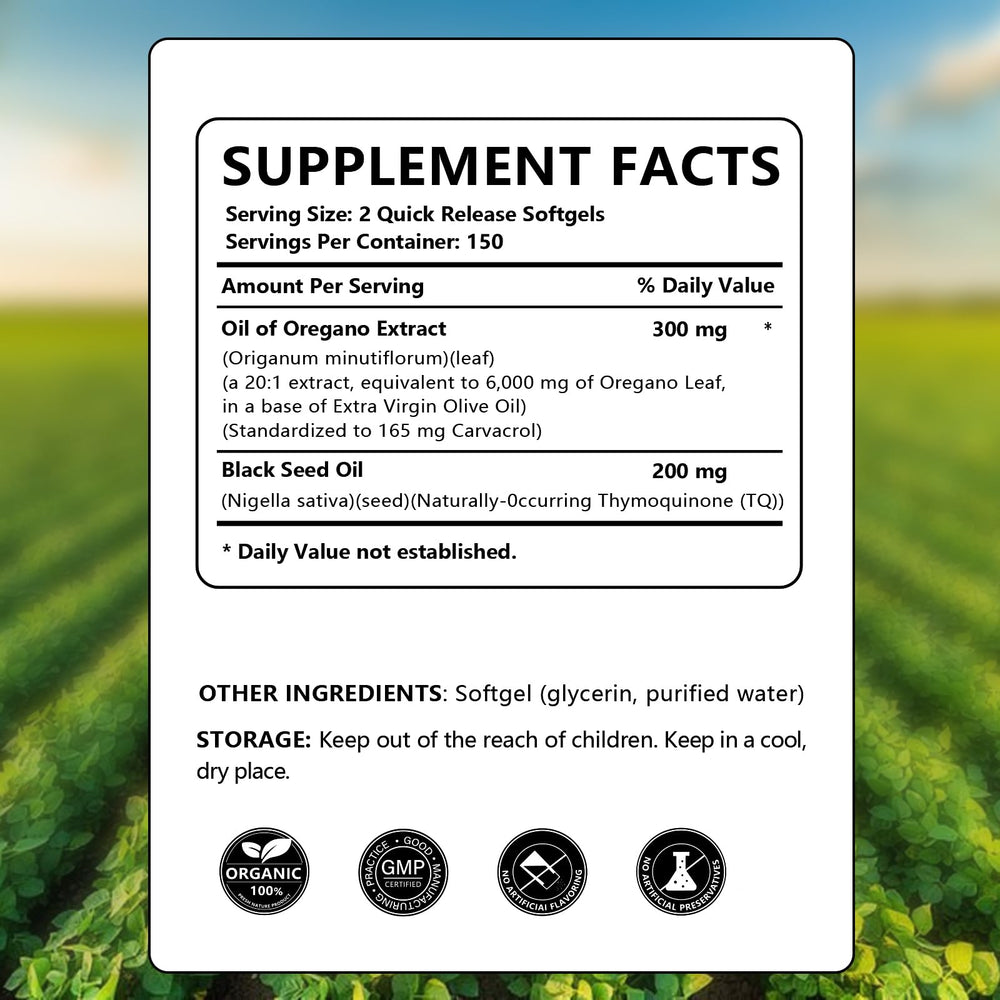Organic oregano oil and black seed oil softgels label