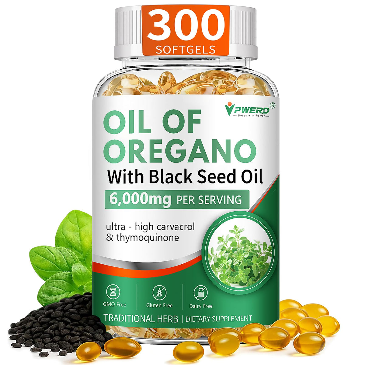 PWERD 300 Softgels bottle with wild oregano oil and black seed oil blend