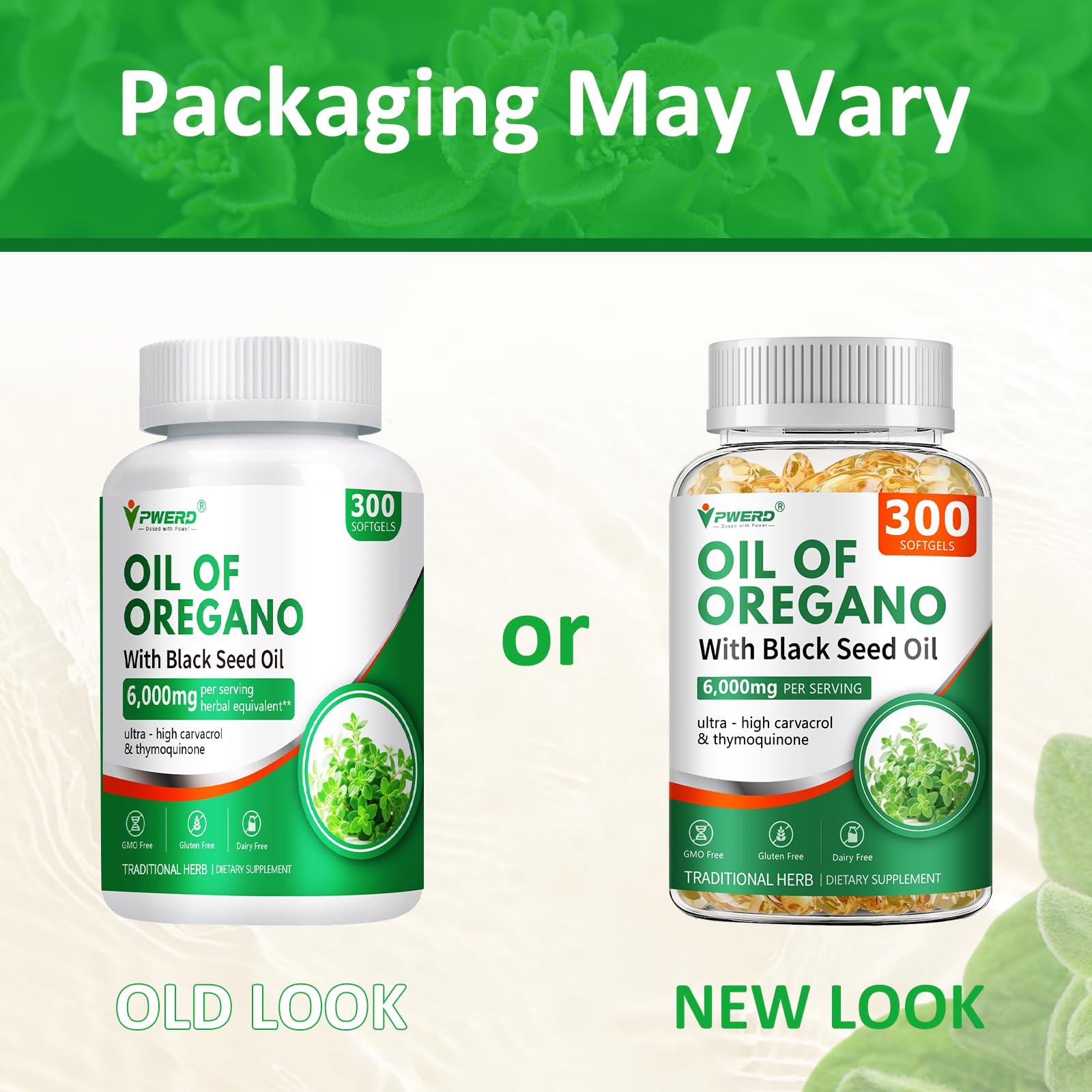 Close up of oregano oil and black seed oil softgels