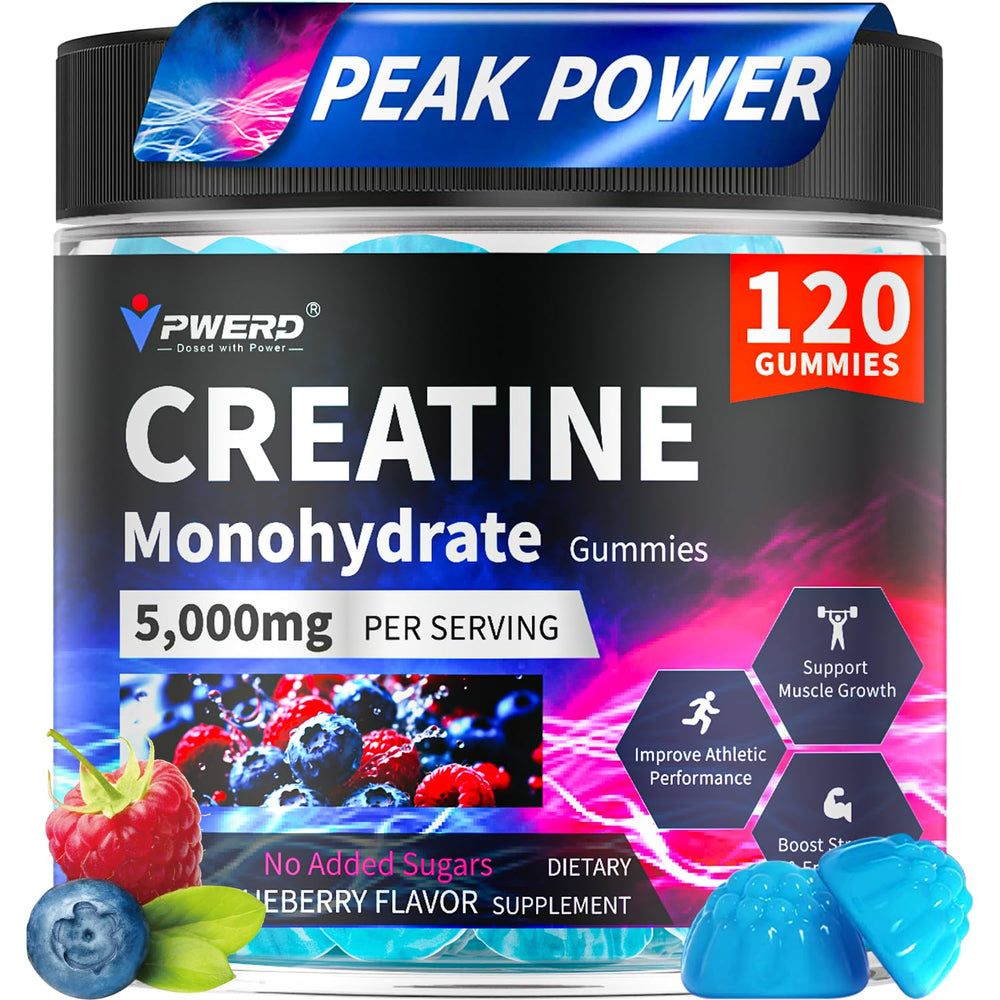 PWERD Creatine Monohydrate Gummies bottle, blueberry flavor, 120 count