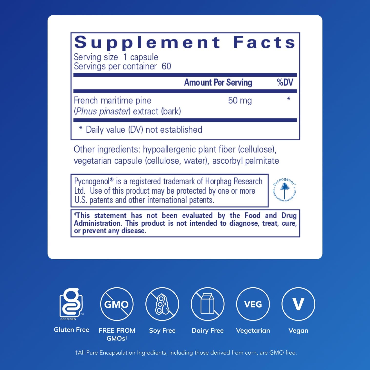 Close-up of Pycnogenol 50 mg pine bark extract capsules