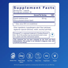 Close-up of Pycnogenol 50 mg pine bark extract capsules