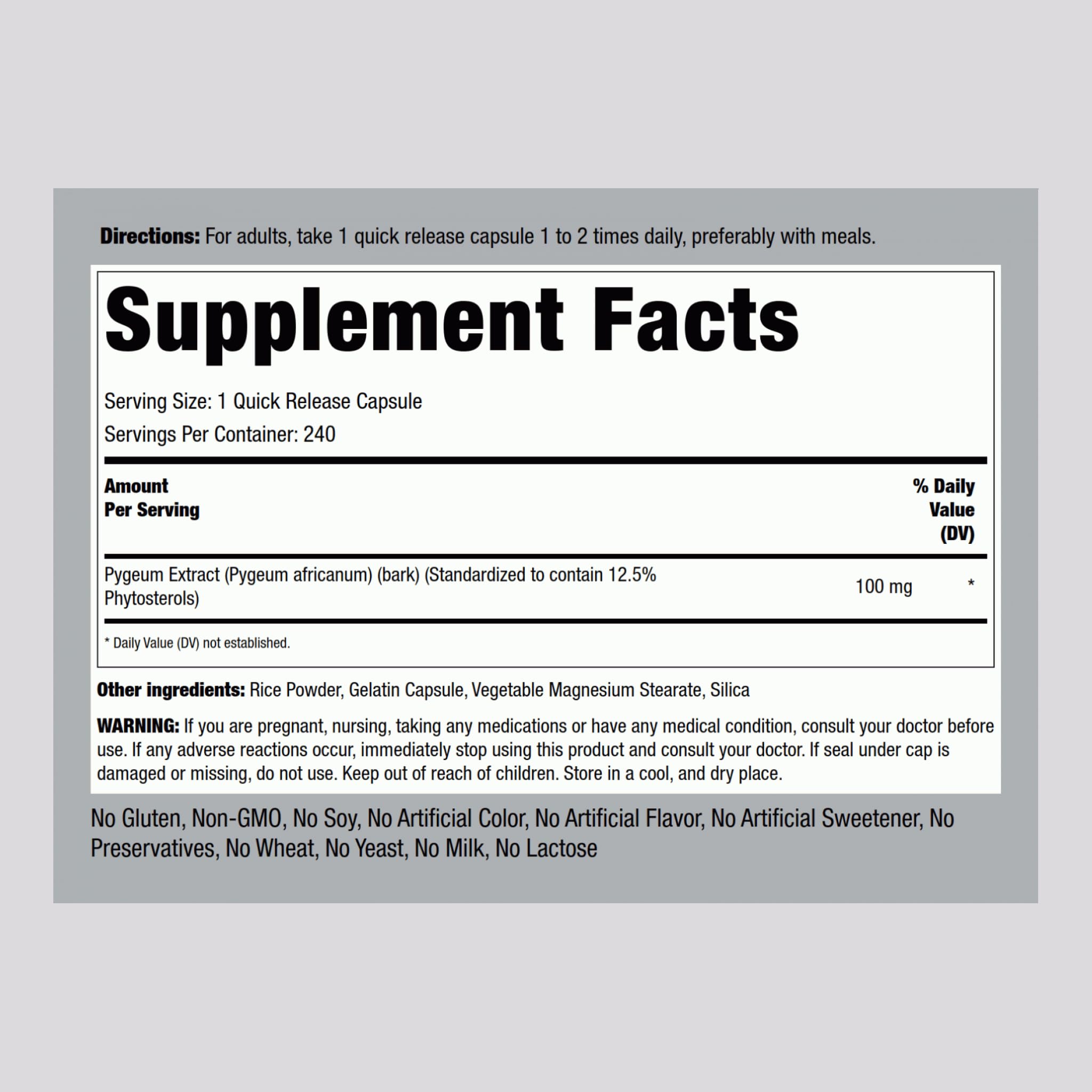 Pygeum 100mg capsules close-up on bottle label