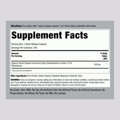 Pygeum 100mg capsules close-up on bottle label