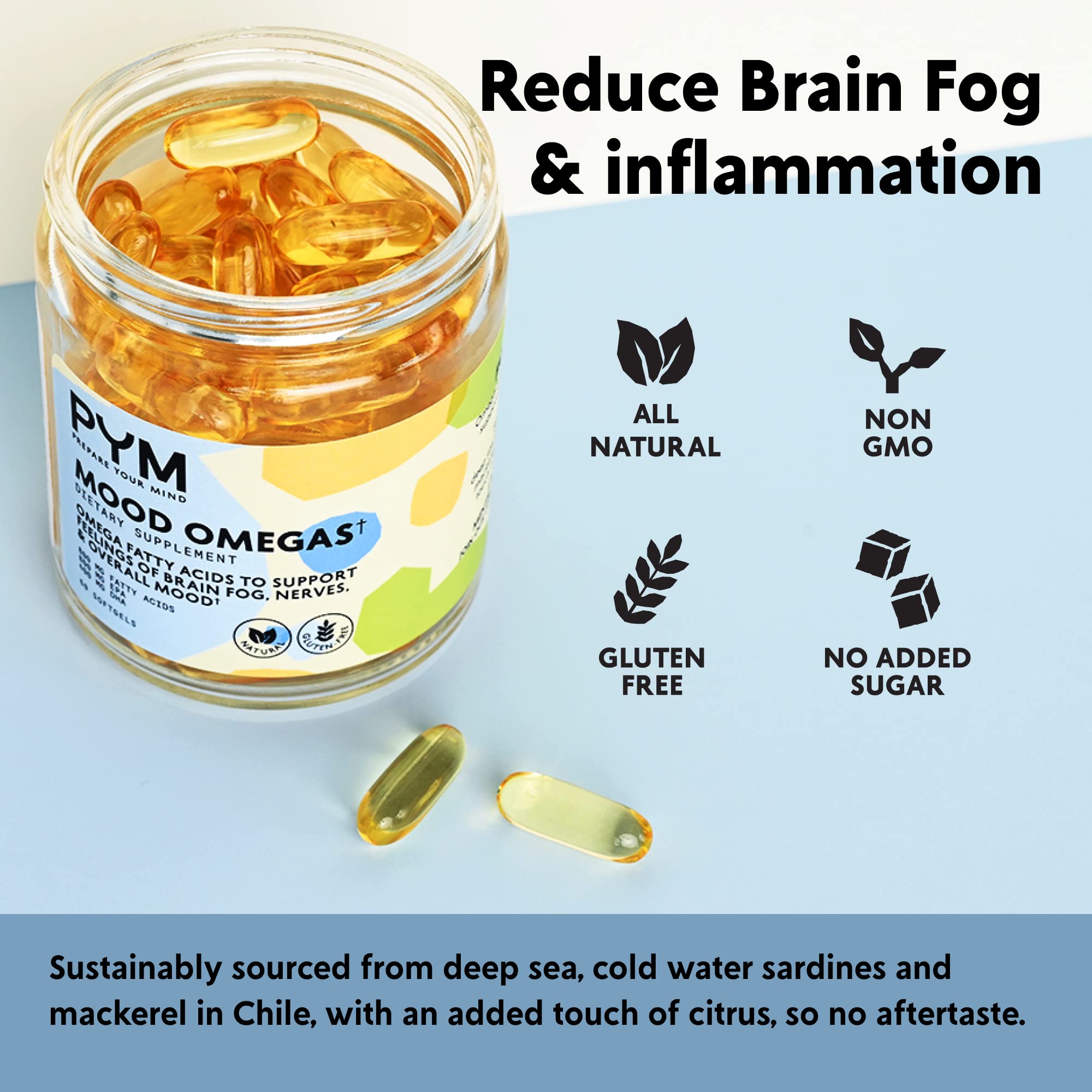 Close-up of Mood Omegas capsules