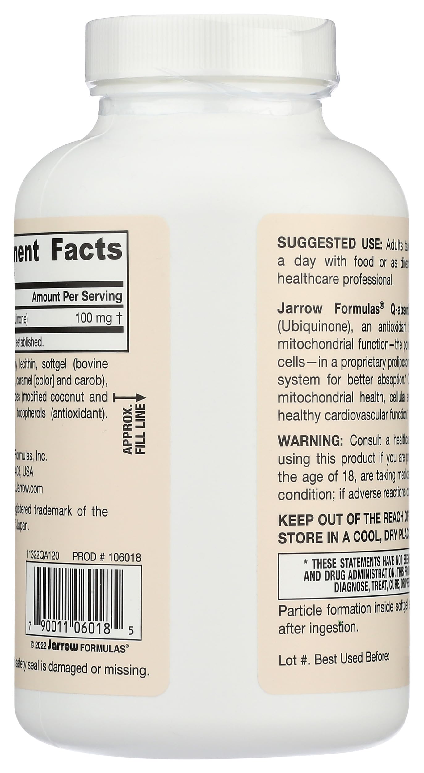 Back label of Jarrow Formulas Q-Absorb CoQ10 100 mg bottle