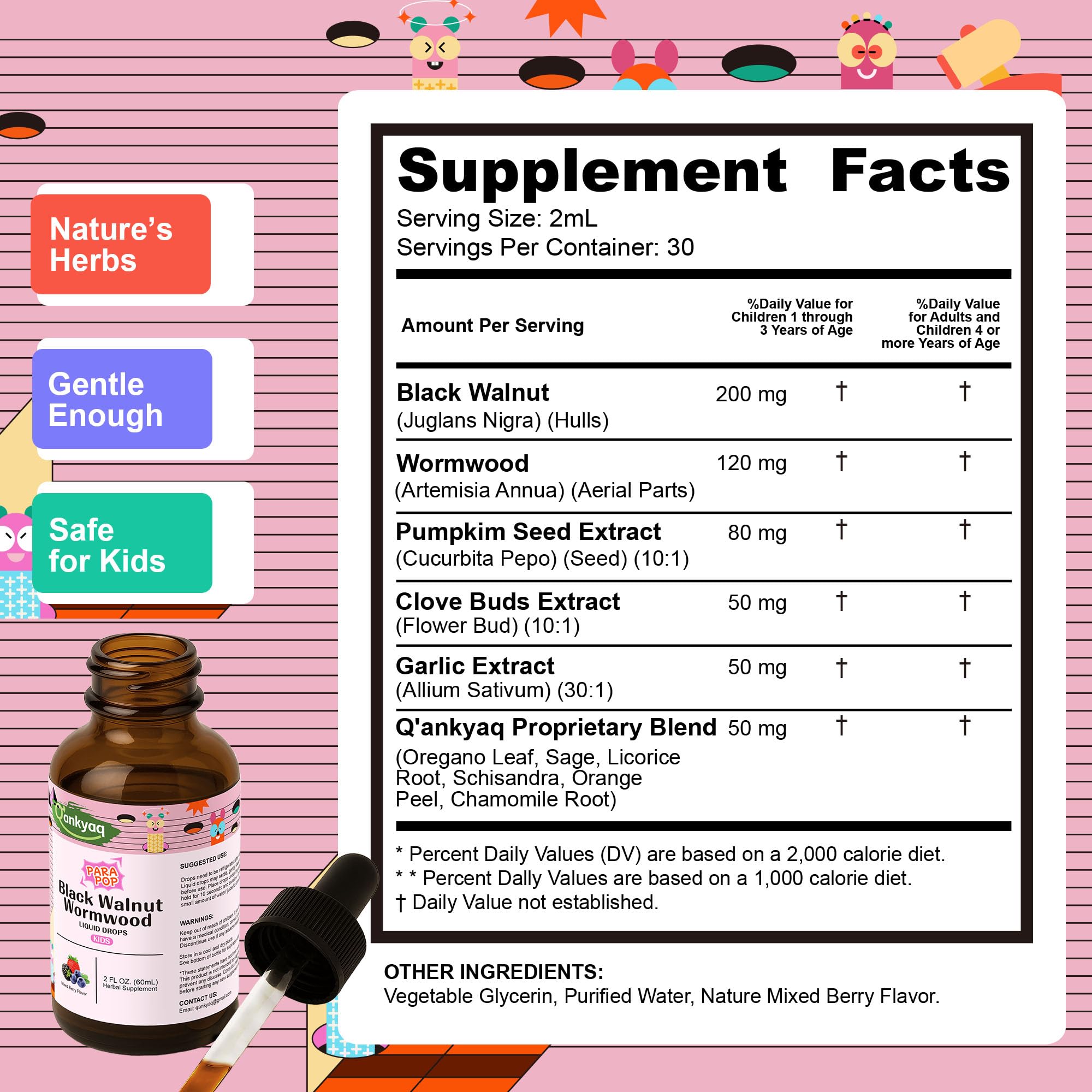 Q'ankyaq kid detox drops dropper close-up shows kid-friendly liquid format