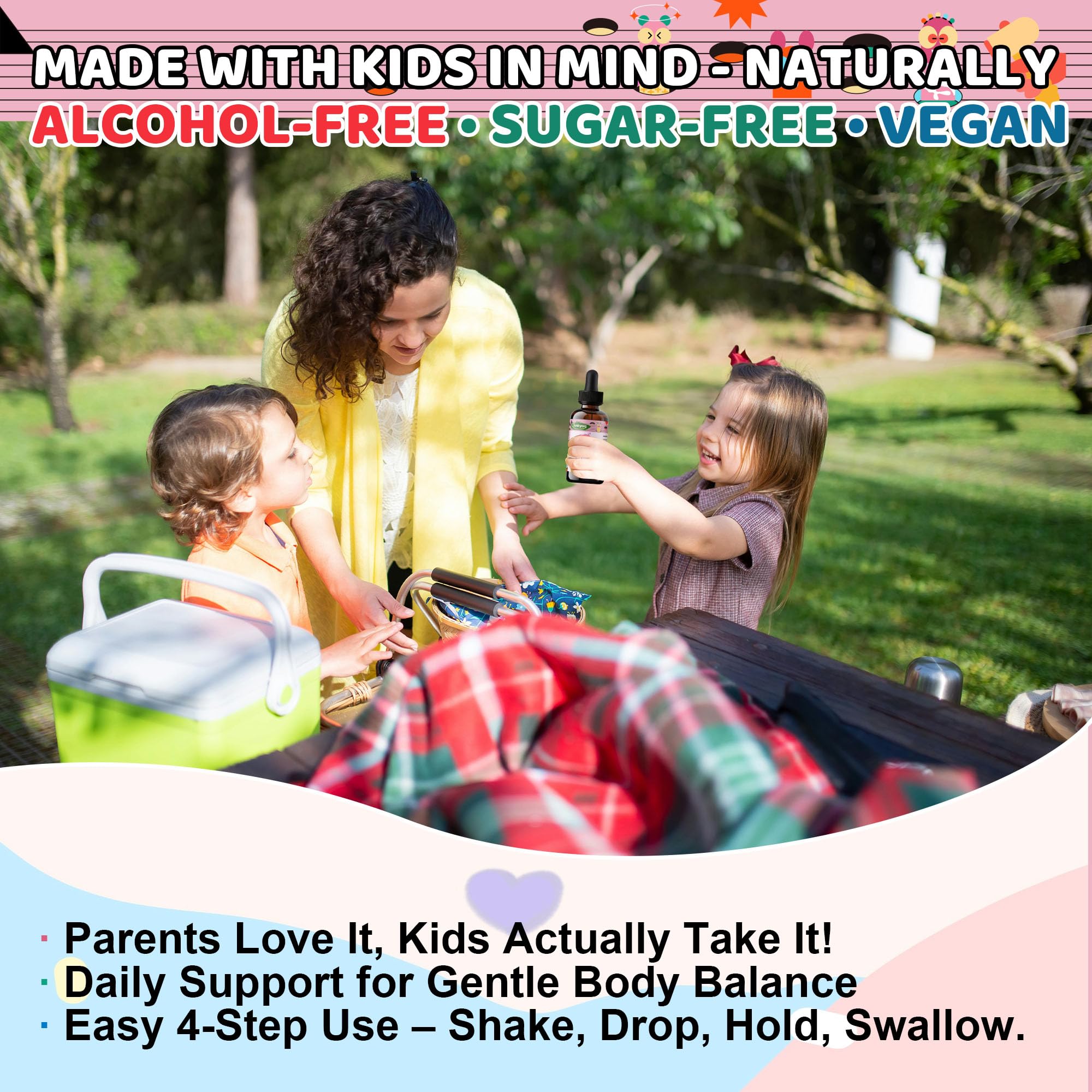 Q'ankyaq kid detox drops in juice shows easy administration