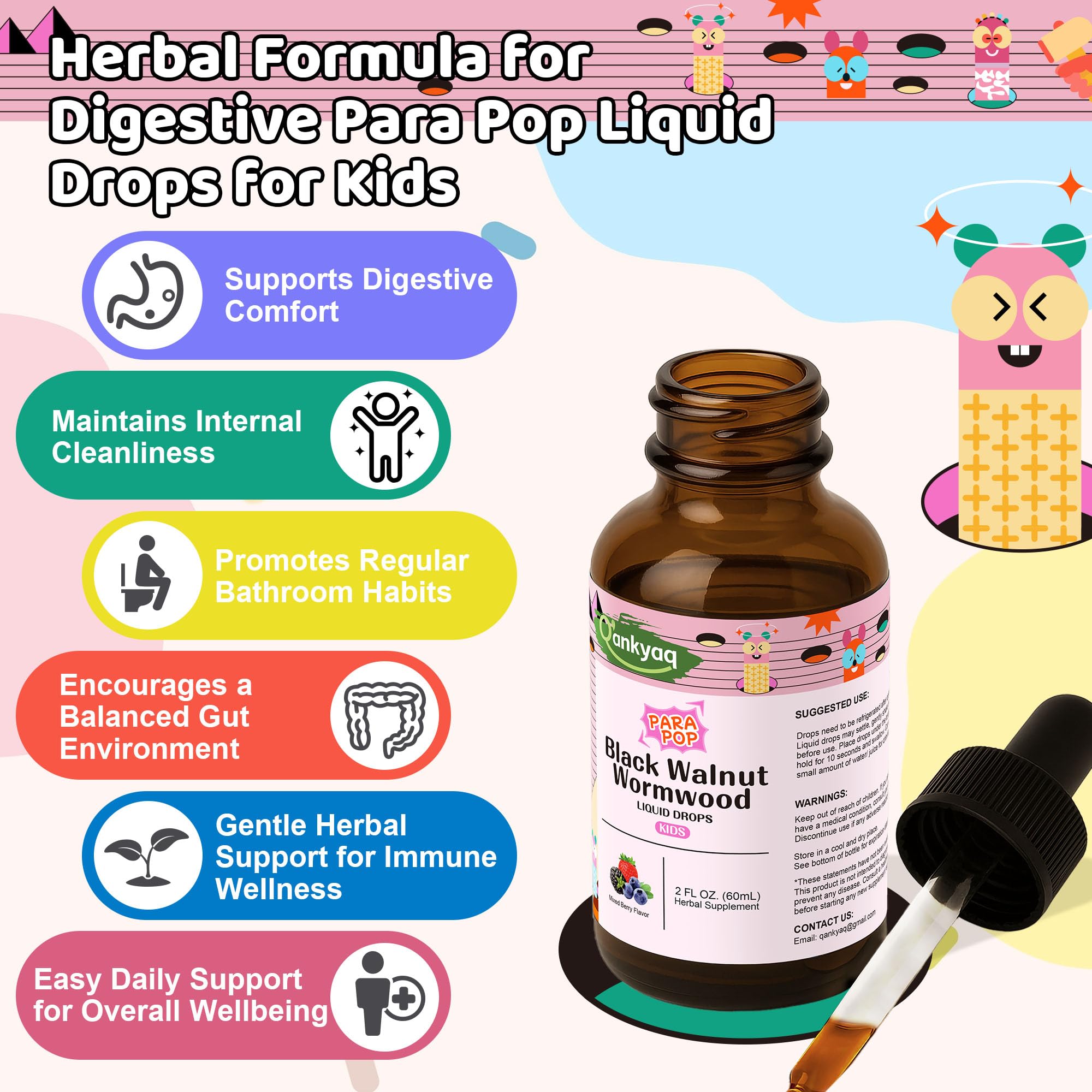 Q'ankyaq kid detox ingredients label highlights herbal gut-support blend