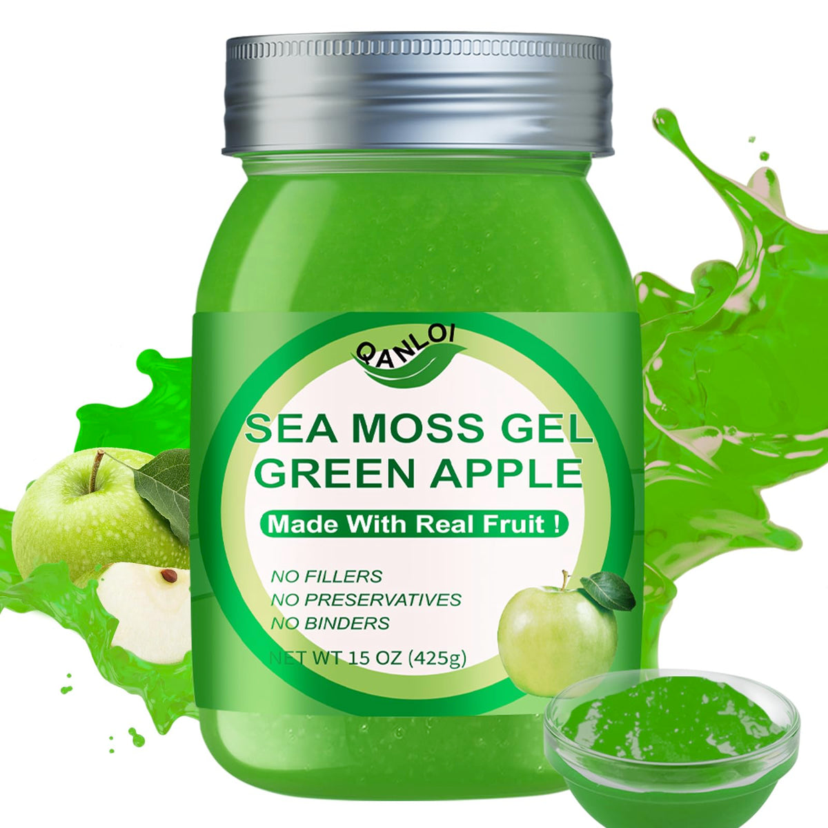 QANLOI jar front view showing label and green apple sea moss, easy identification benefit