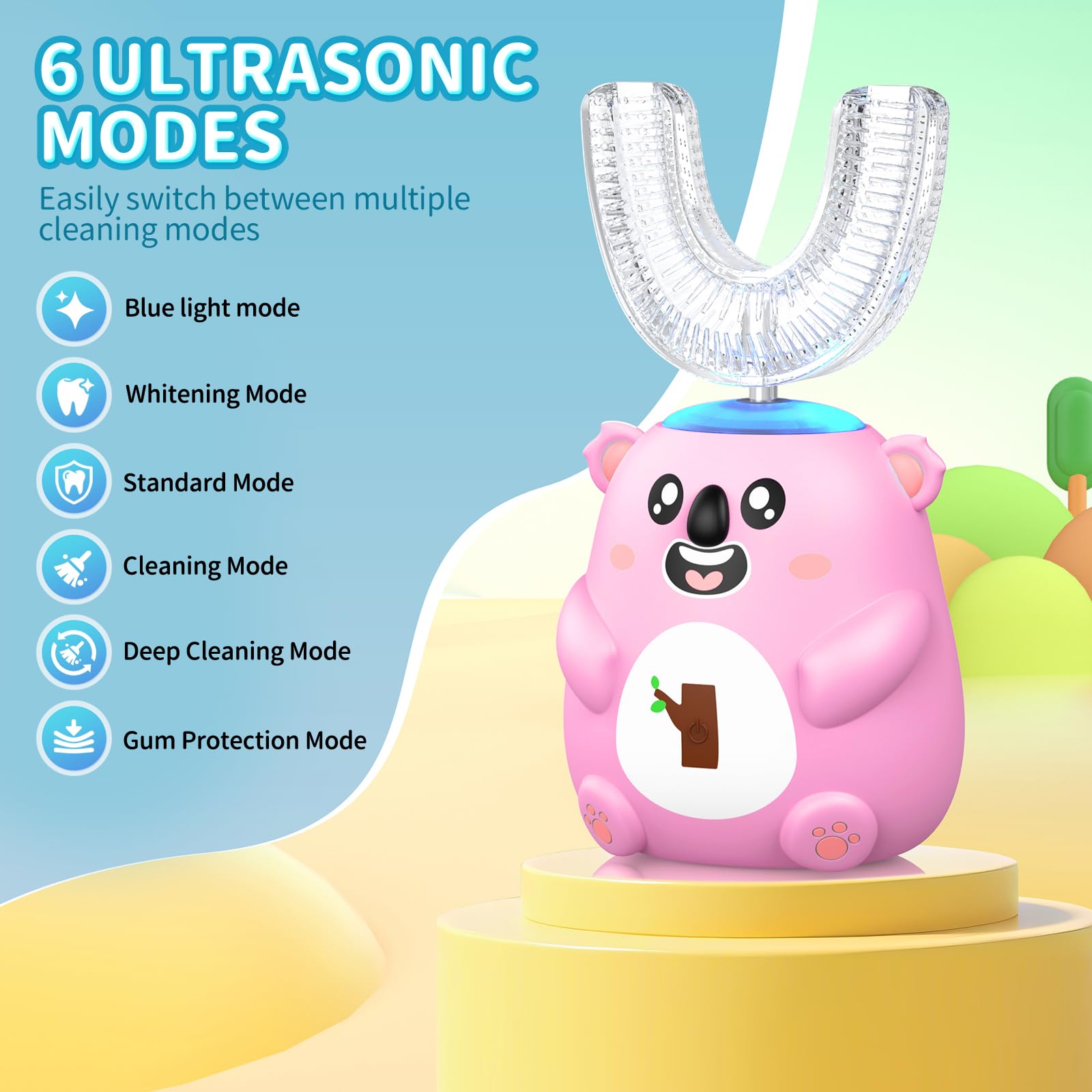 Pink koala-design toothbrush side view