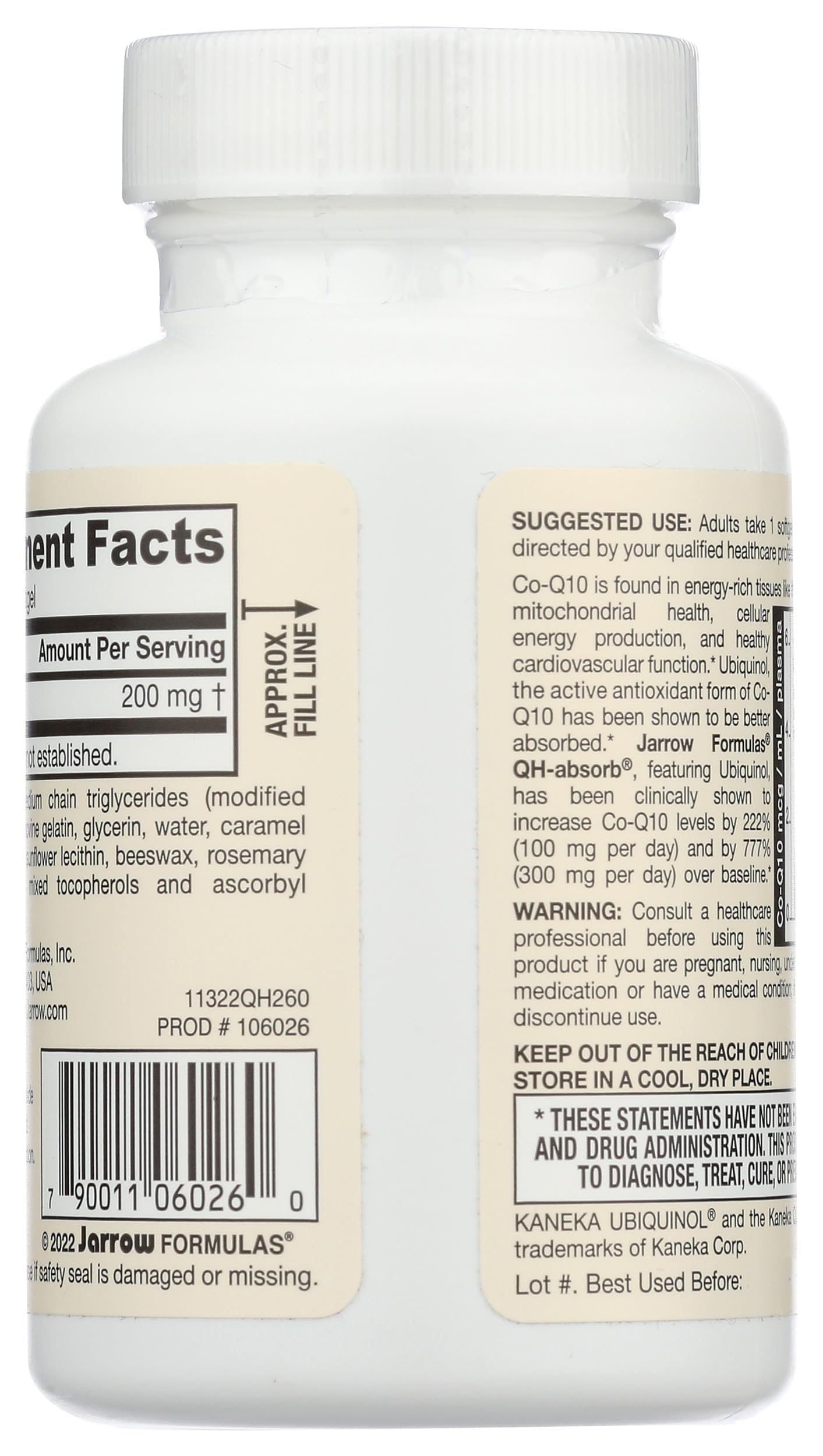 Bottled Jarrow QH-absorb 200 mg softgels - back label