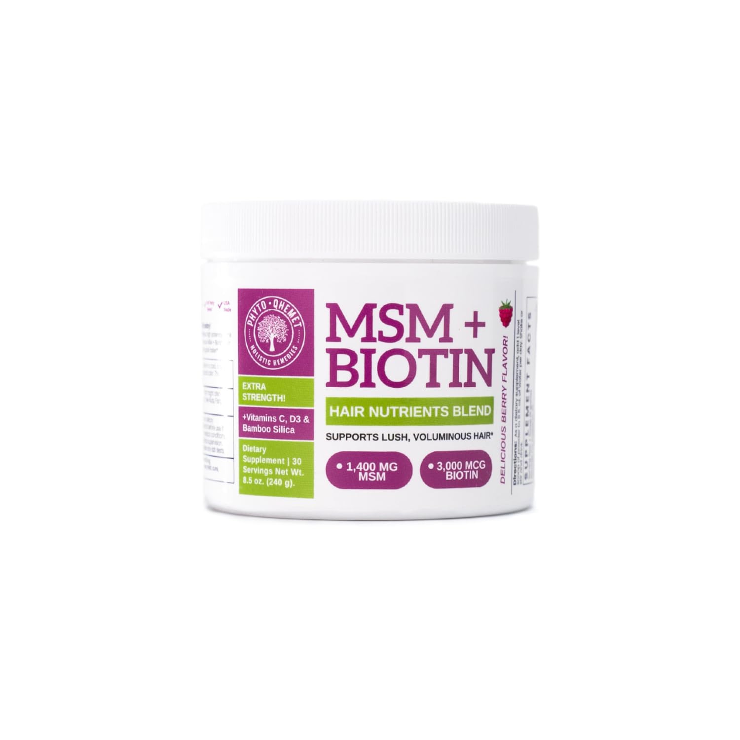 Front view of Qhemet Biologics MSM + Biotin Hair Nutrient Blend 8.5 oz package