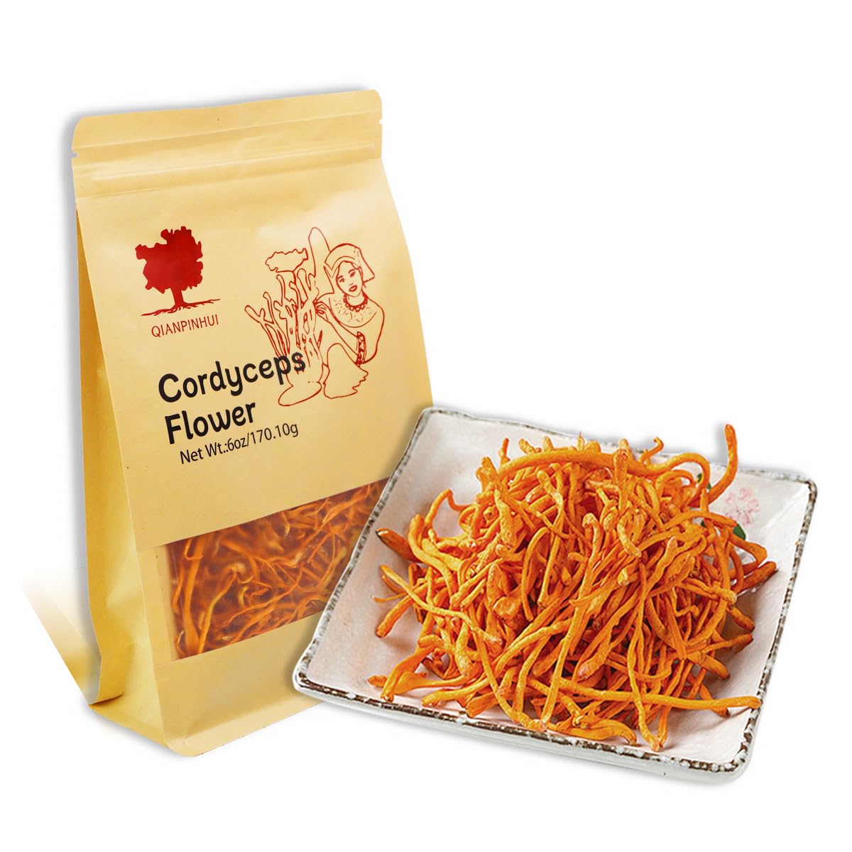 Front packaging of QIANPINHUI Cordyceps Flower Whole Dried, 6oz