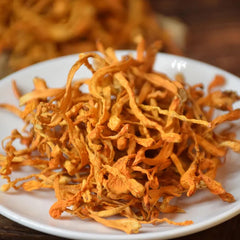 Dried cordyceps flower pieces on white background