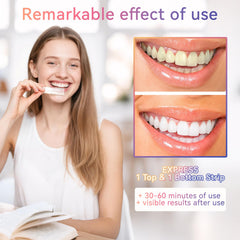 Strips applied to teeth showing gentle whitening action