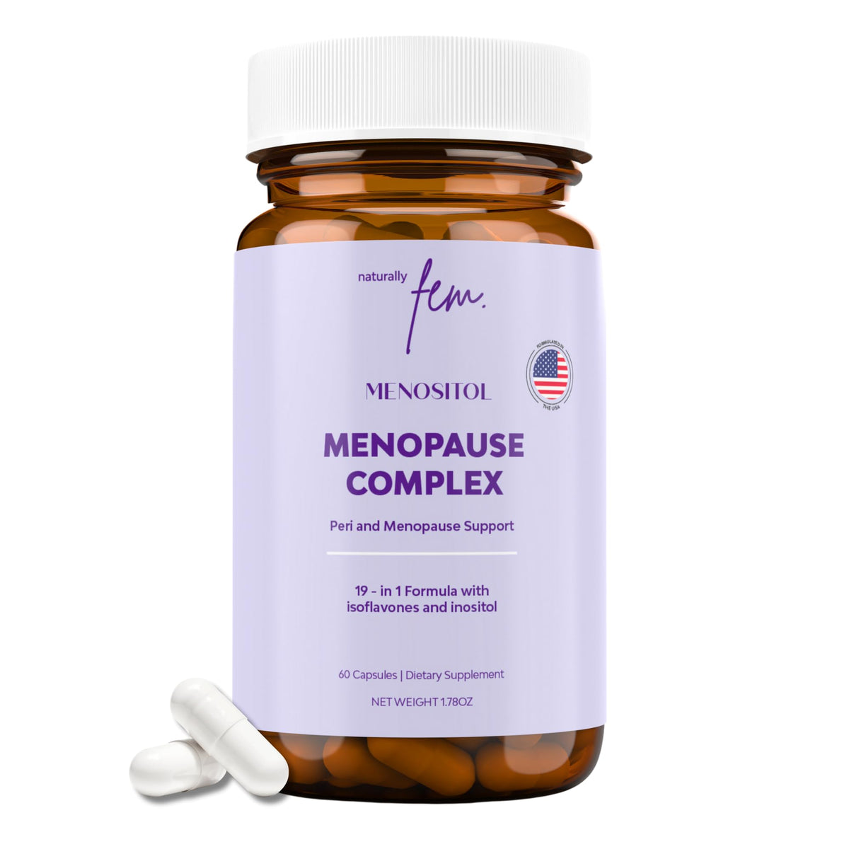QSTA bottle front packaging showing Menositol FEM benefits and vegan capsule