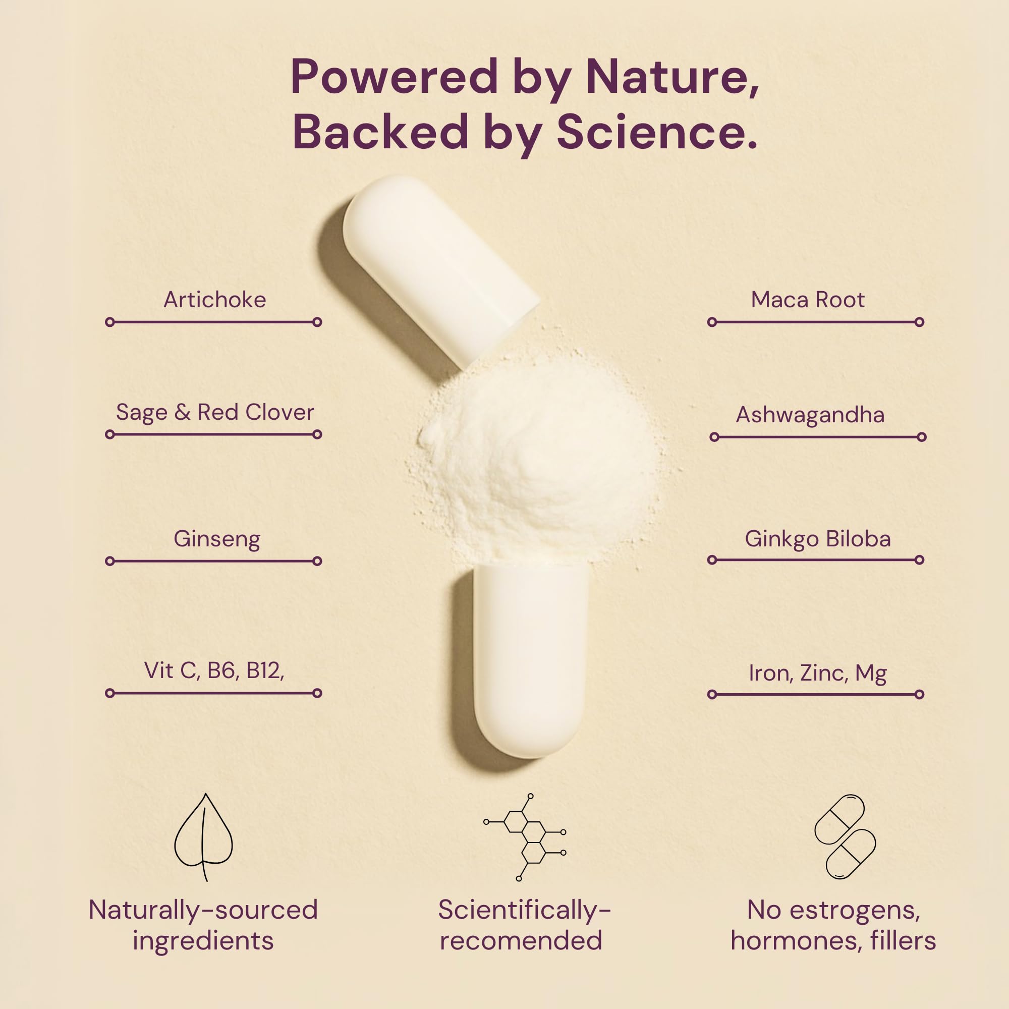 QSTA ingredient spread with red clover, lavender and maca illustrating natural blend