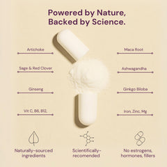 QSTA ingredient spread with red clover, lavender and maca illustrating natural blend