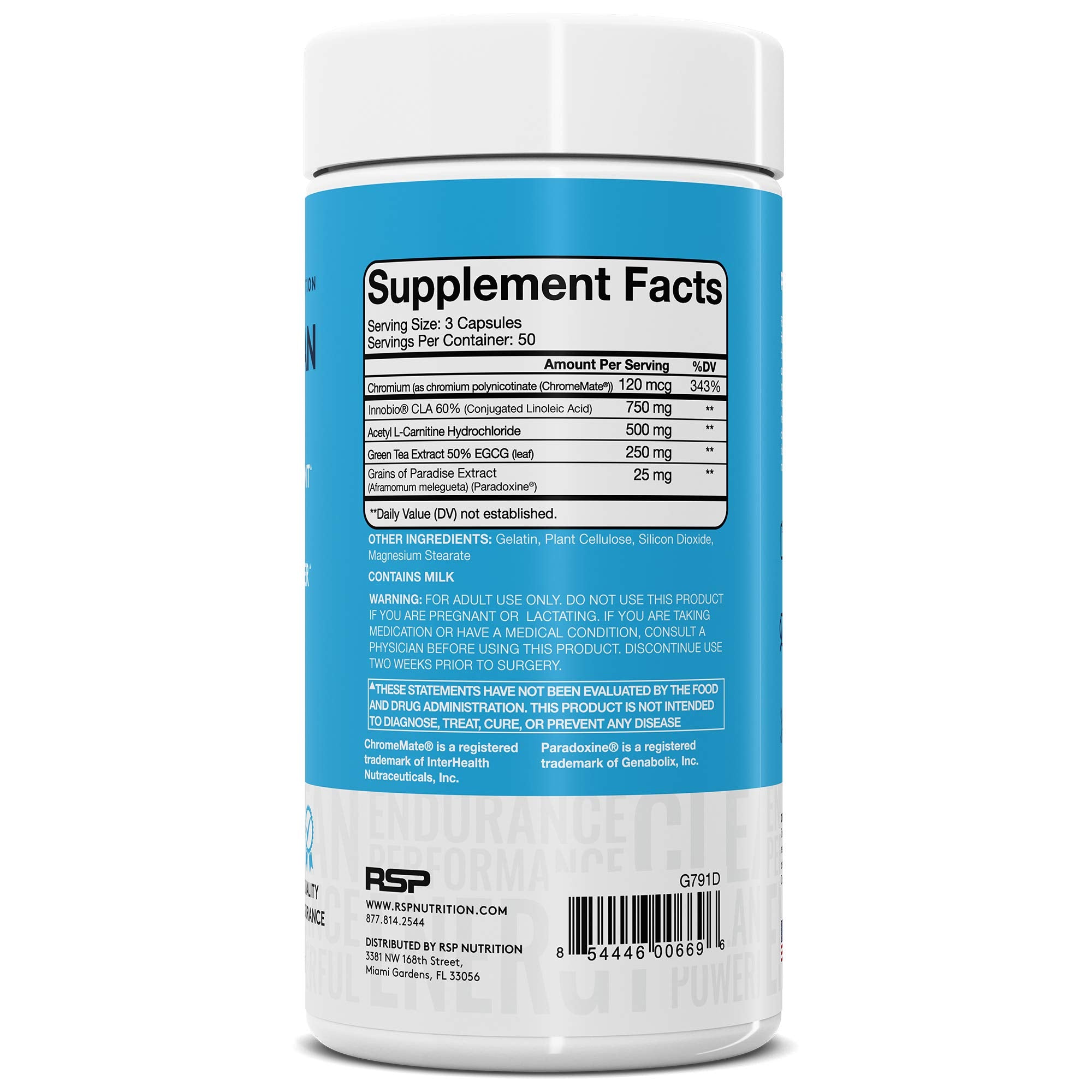 Ingredients label showing CLA and Acetyl-L-Carnitine