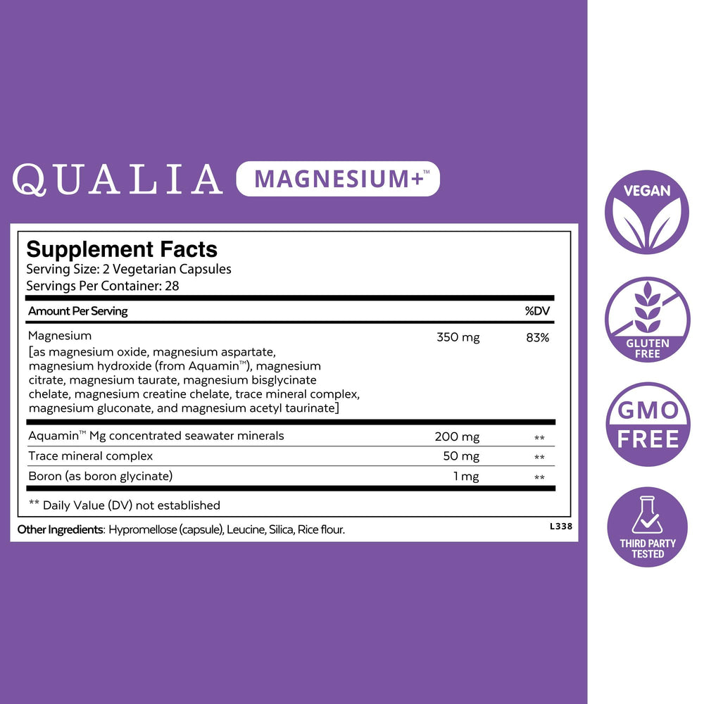 Qualia Magnesium+ box and capsules on white background