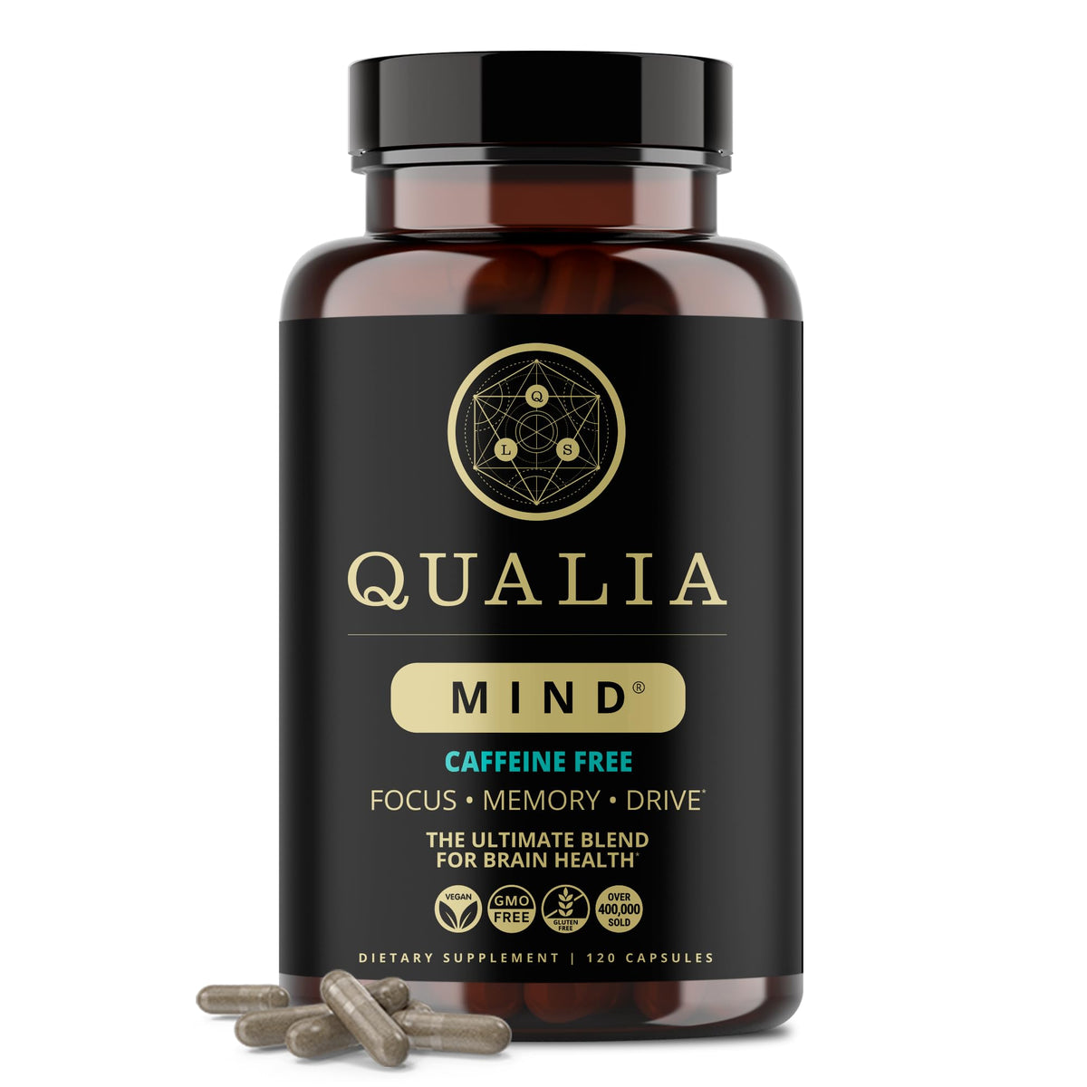 Qualia Mind Caffeine Free bottle on white background