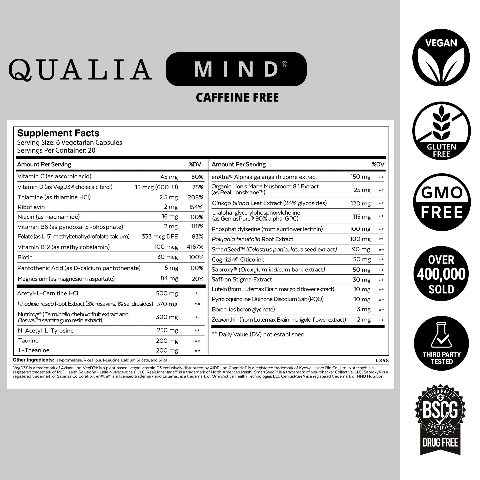 Close-up of gluten-free, non-GMO ingredients used in Qualia Mind Caffeine Free