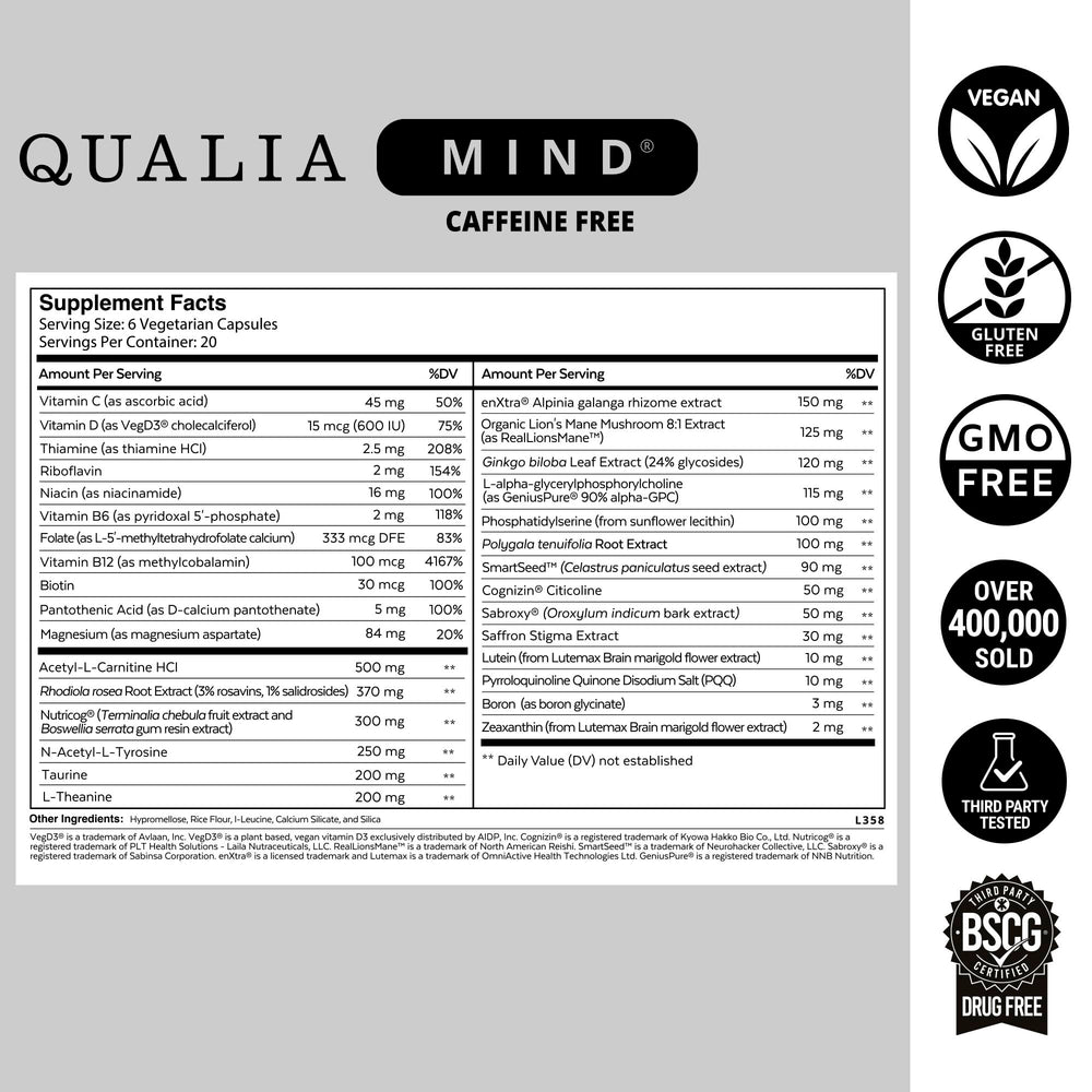 Close-up of gluten-free, non-GMO ingredients used in Qualia Mind Caffeine Free