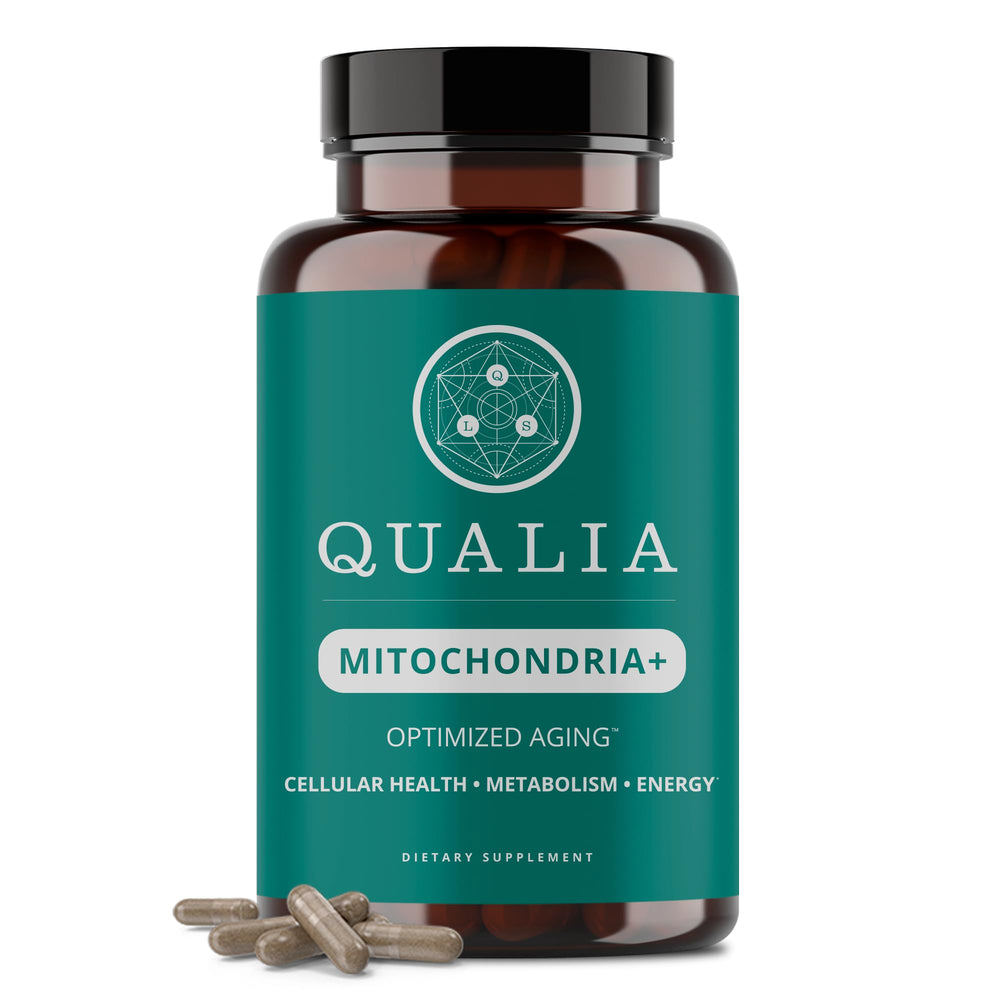 Front label of Qualia Mitochondria+ bottle