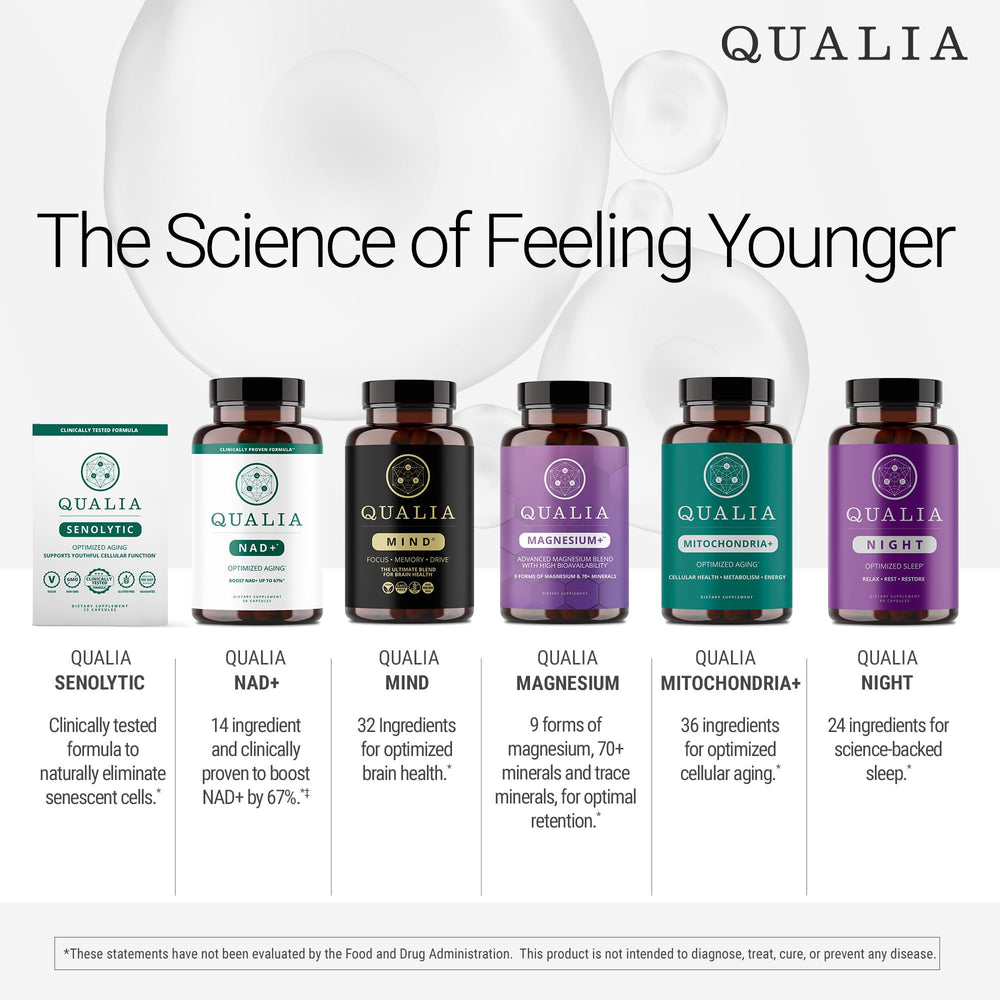 Qualia Mitochondria+ box beside bottle