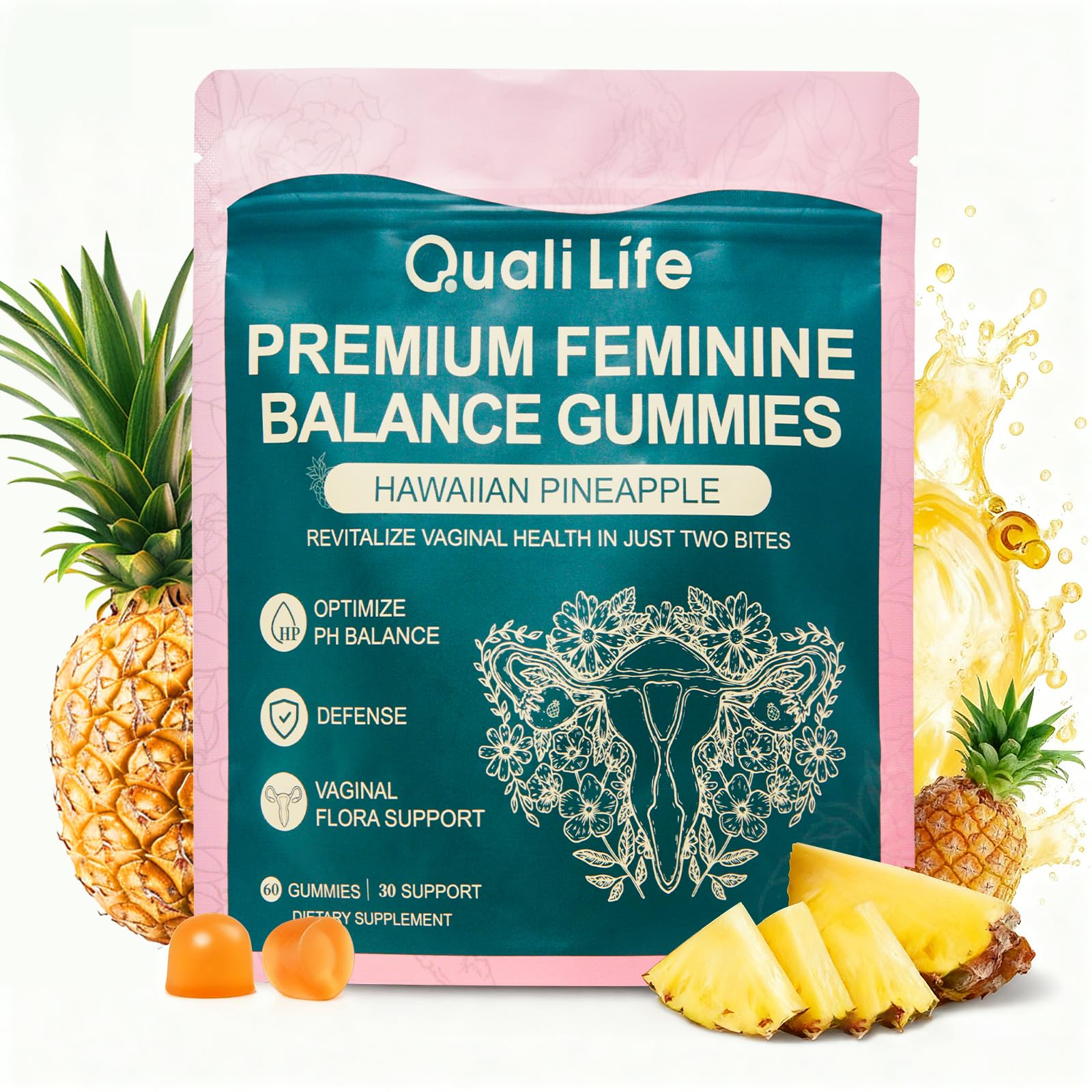 QualiLife Premium Feminine Balance Gummies bottle with pineapple flavor