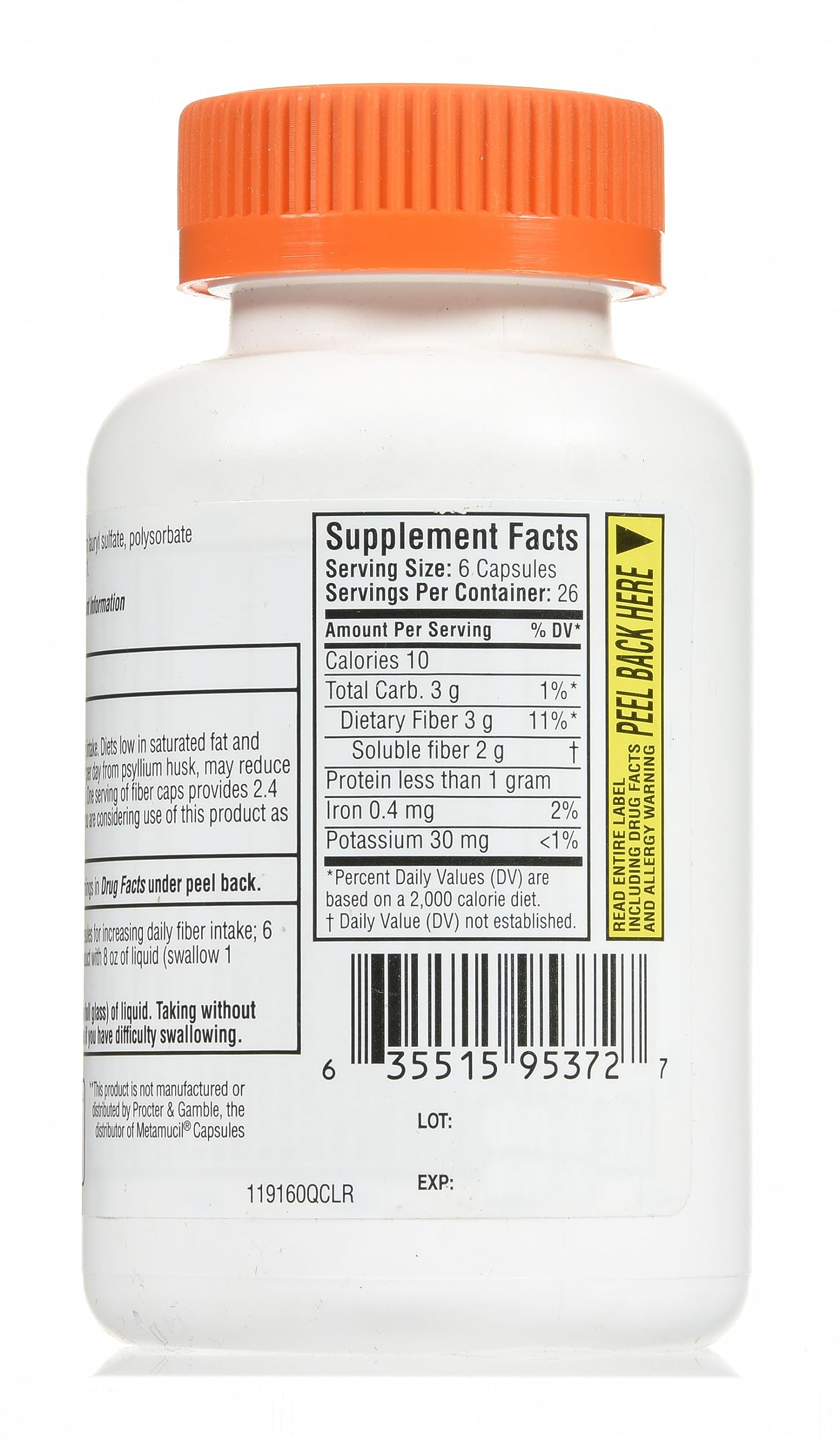 Nutrition facts panel for Quality Choice psyllium husk fiber capsules