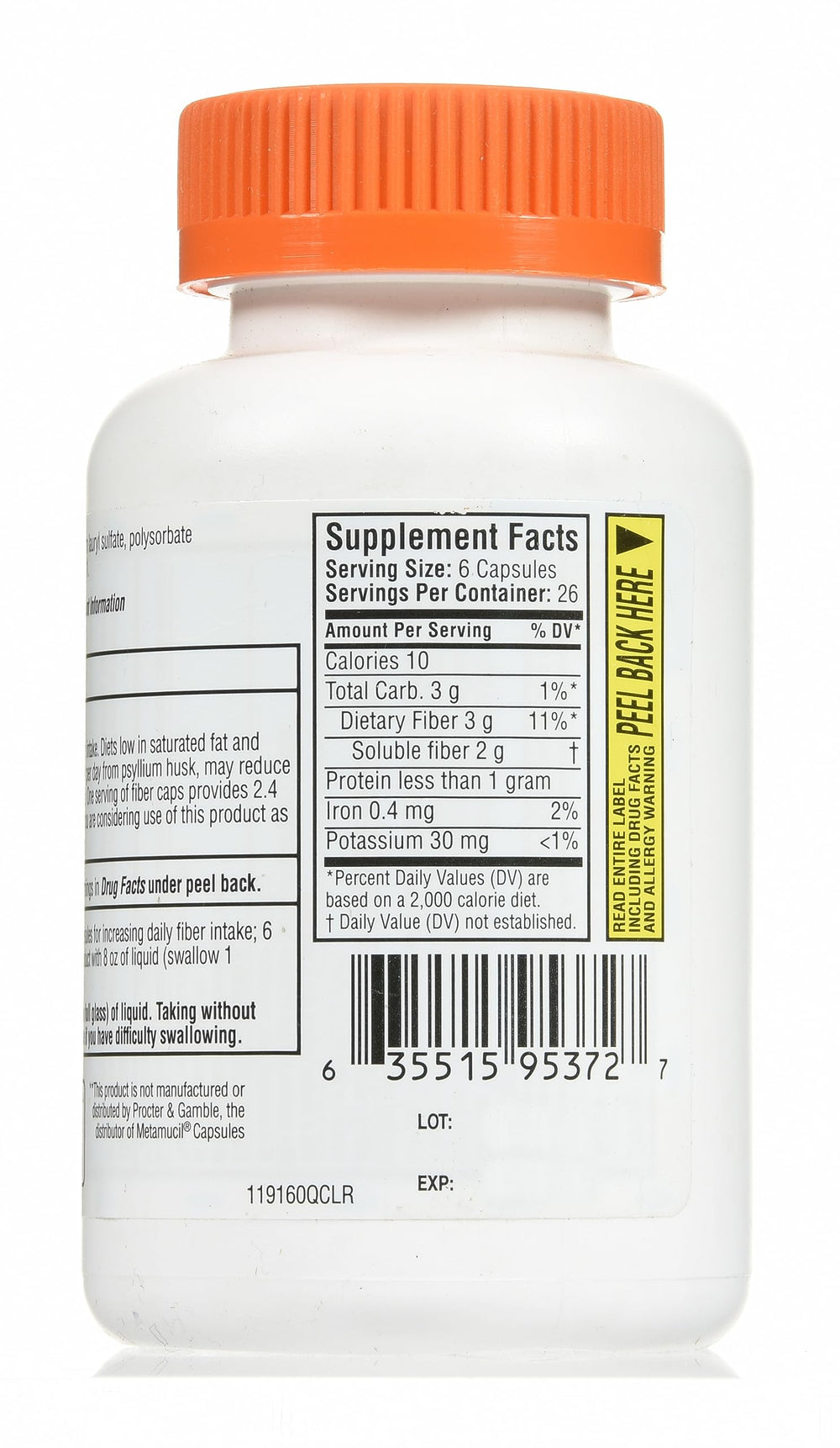 Nutrition facts panel for Quality Choice psyllium husk fiber capsules