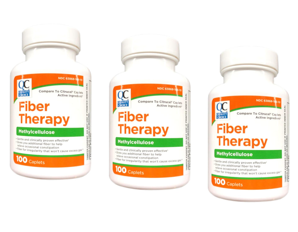 Bottle of Quality Choice Fiber Therapy with 500 mg methylcellulose caplets
