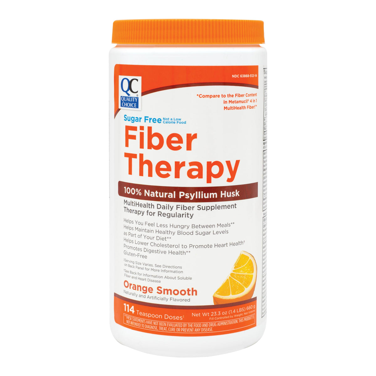 Container of Quality Choice Psyllium Fiber Powder, sugar-free orange flavor