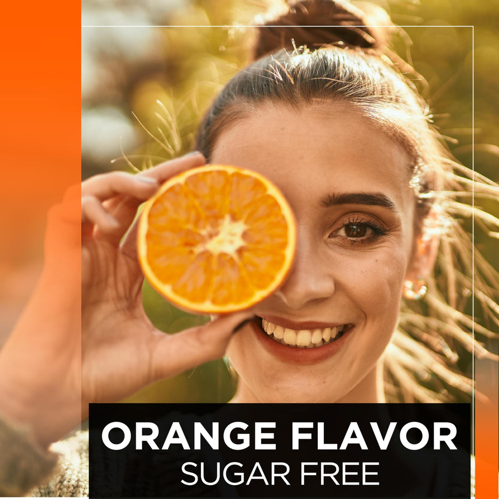 Orange-flavored psyllium fiber powder packaging close-up