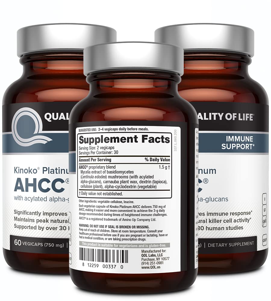 Pack label for Quality of Life AHCC Kinoko Platinum 750 mg 3-bottle pack