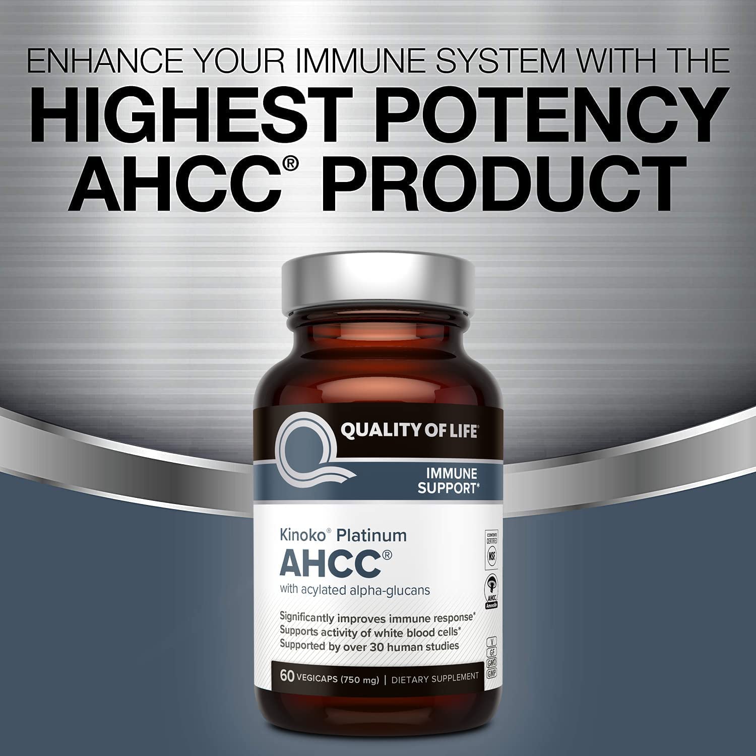 Nutrition facts panel for Quality of Life AHCC Kinoko Platinum 750 mg pack-3 bottles
