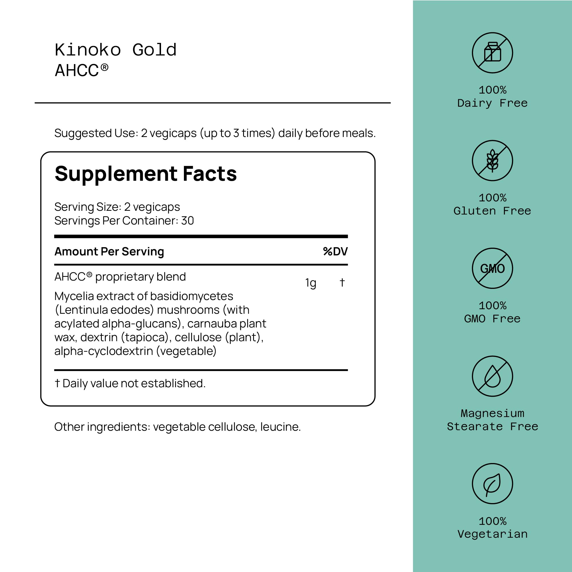 Kinoko Gold AHCC bottle – back label with supplement facts