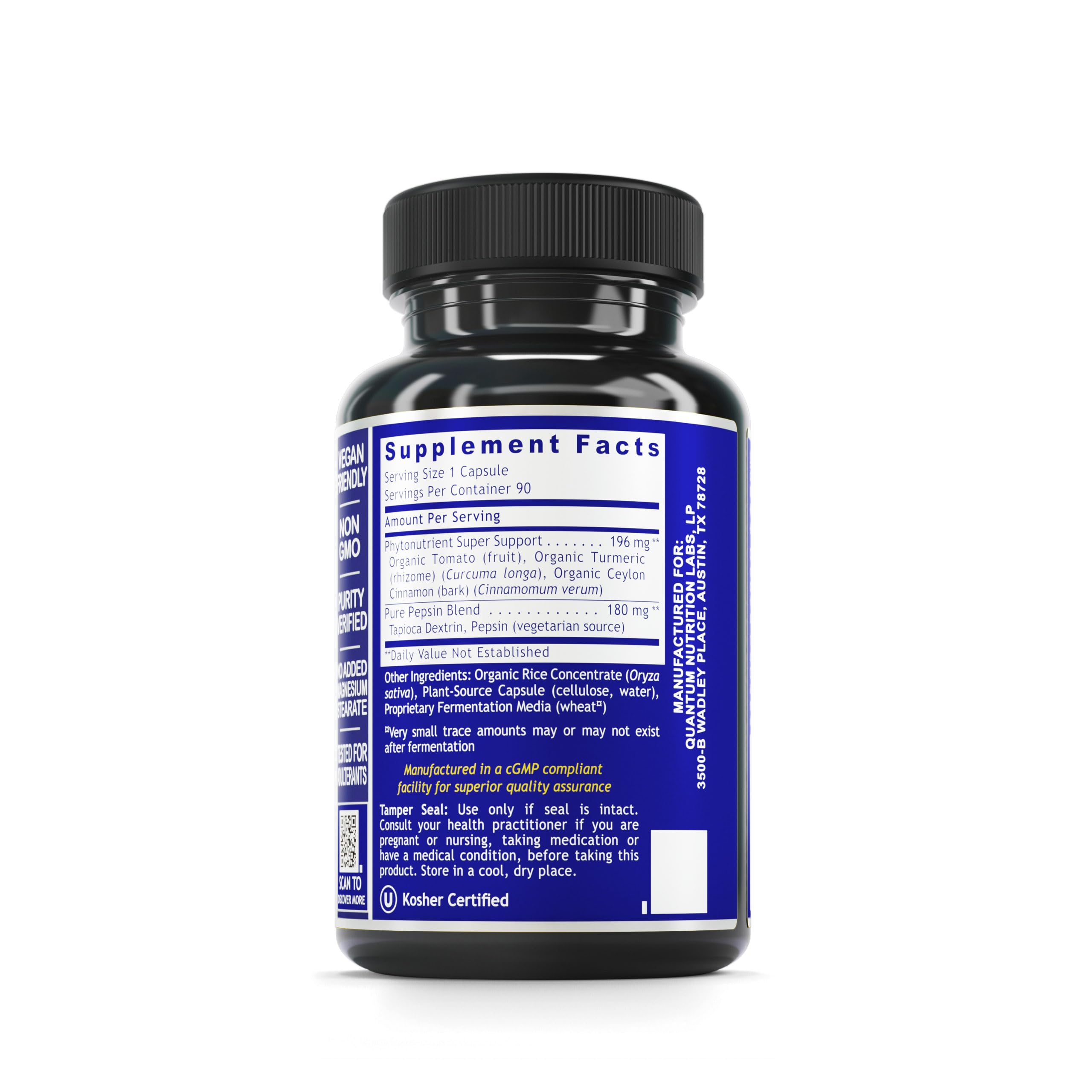 Close-up of HCL Activator ingredients including betaine HCl, pepsin, turmeric and cinnamon