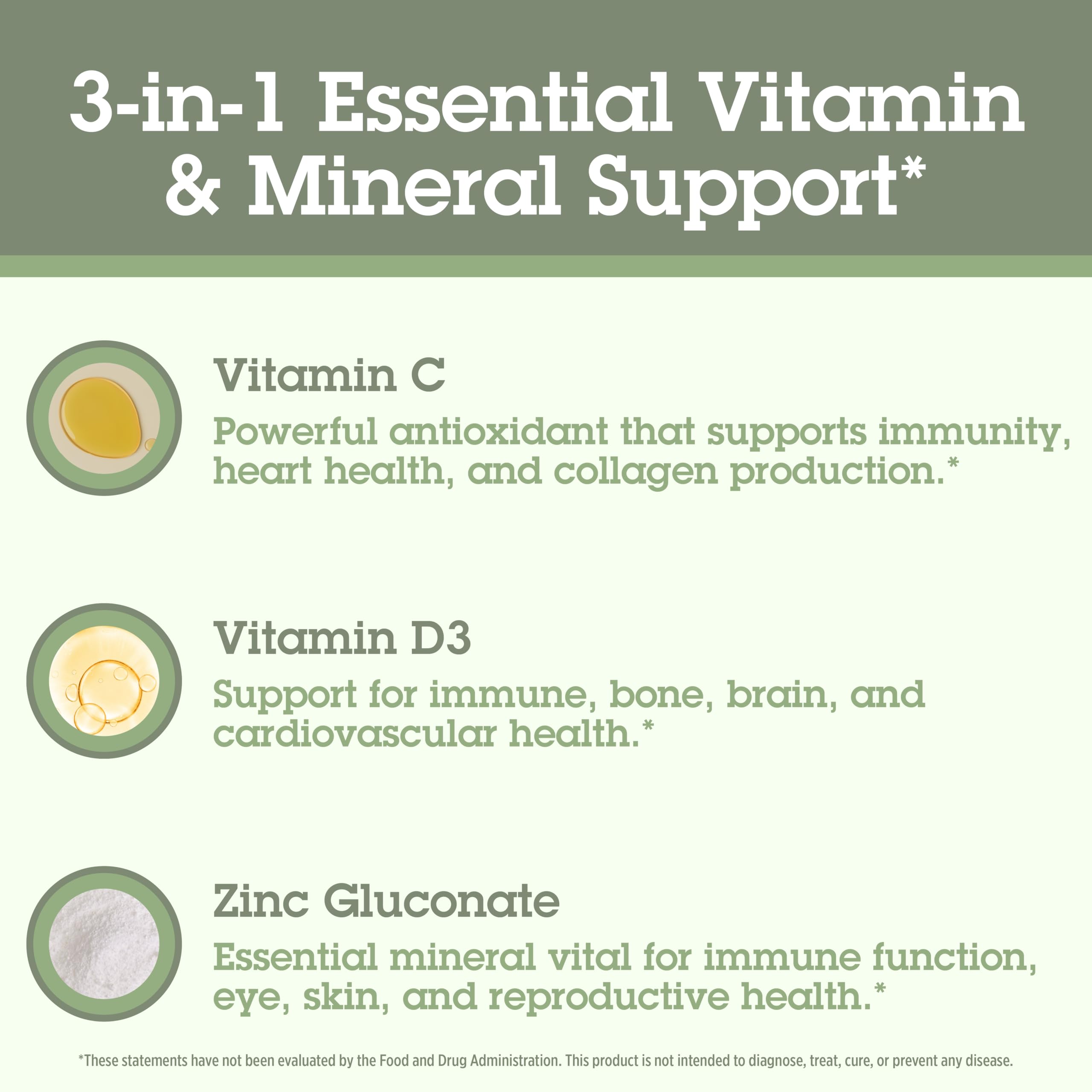 Illustration showing 3 essentials in one: Vitamin C, D3, and Zinc