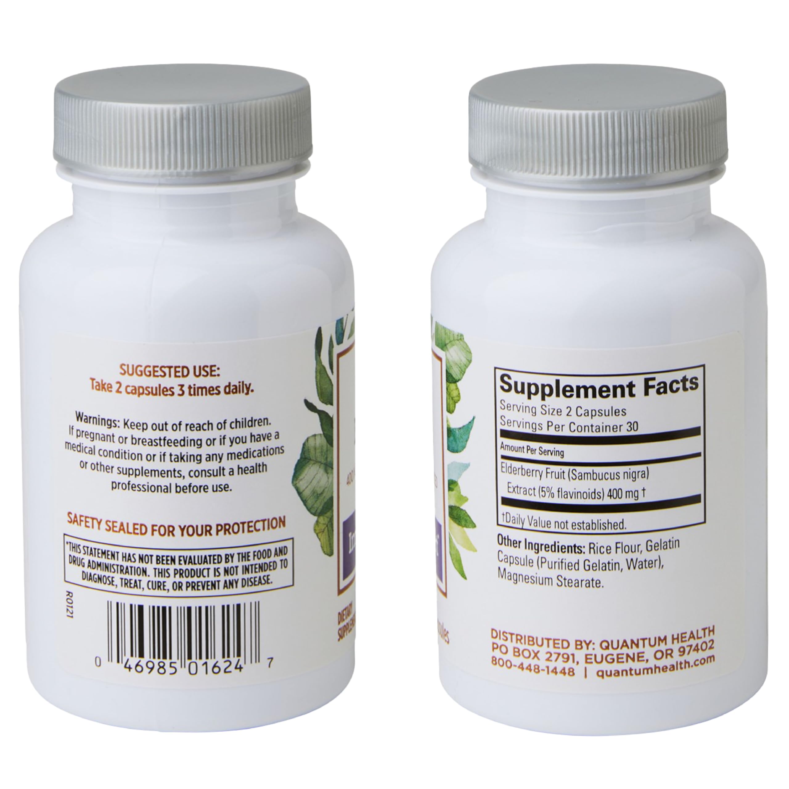 Two elderberry capsules placed beside the bottle