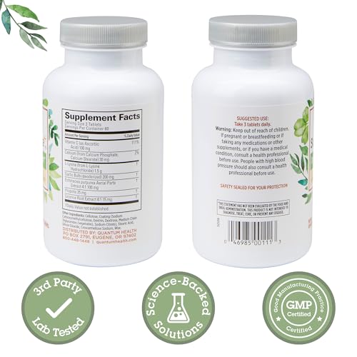 Close-up of three coated tablets from Quantum Health SuperLysine+