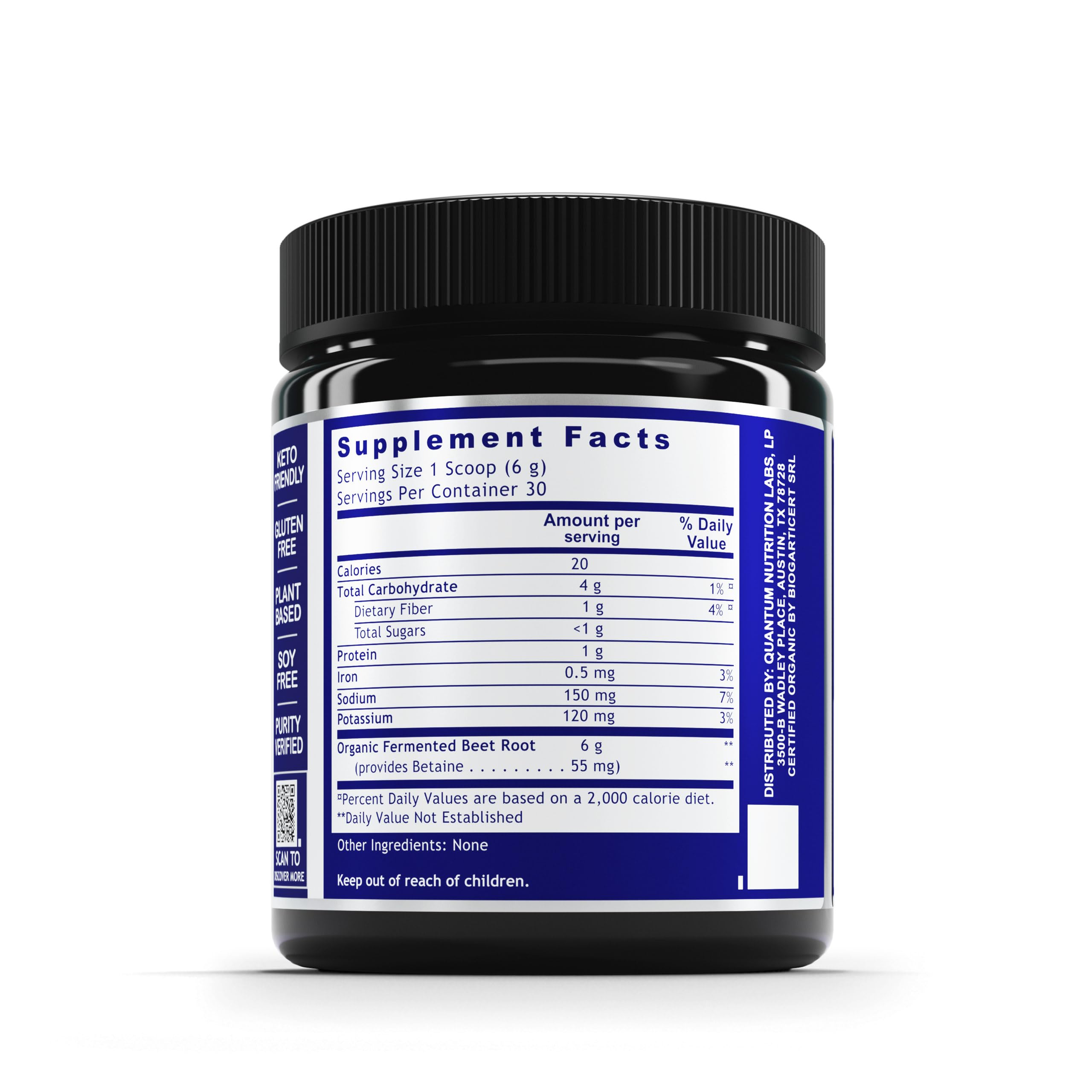 Quantum Nutrition QNL Qultured Fermented Beets powder close-up suggesting vibrant, nitrate-rich beet powder benefits